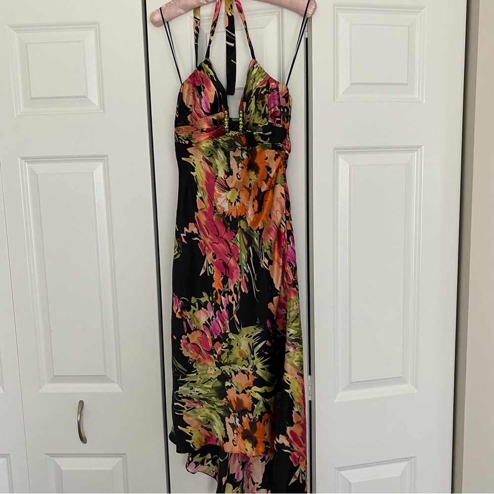 Cache size 2 satin floral print dress with jeweled detail halter